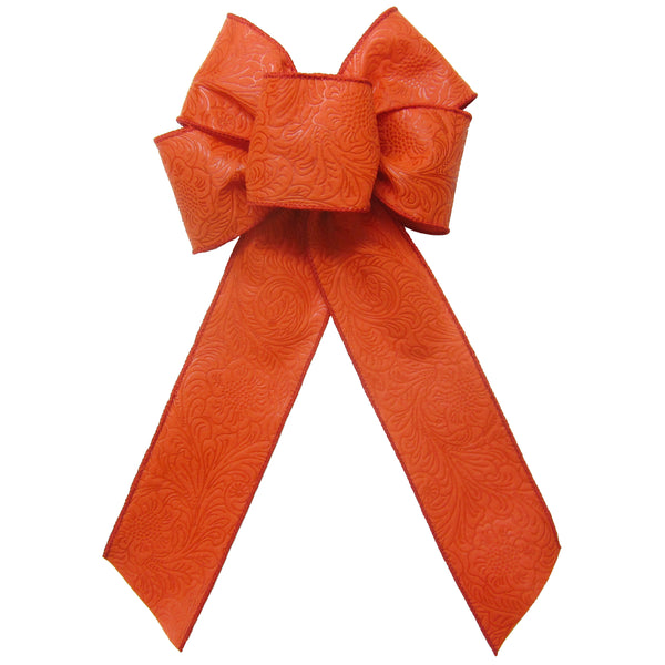 Wired Indoor Outdoor Burnt Orange Flower Embossed Waterproof Bow (2.5"ribbon~6"Wx10"L)