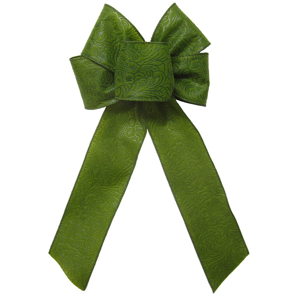 Wired Outdoor Moss Green Flower Embossed Waterproof Bow (2.5"ribbon~6"Wx10"L)