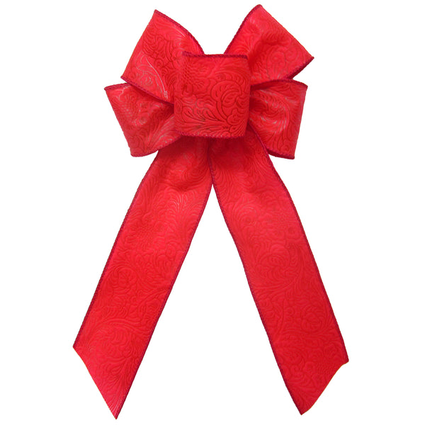 Wired Indoor Outdoor Red Flower Embossed Waterproof Bow (2.5"ribbon~6"Wx10"L)