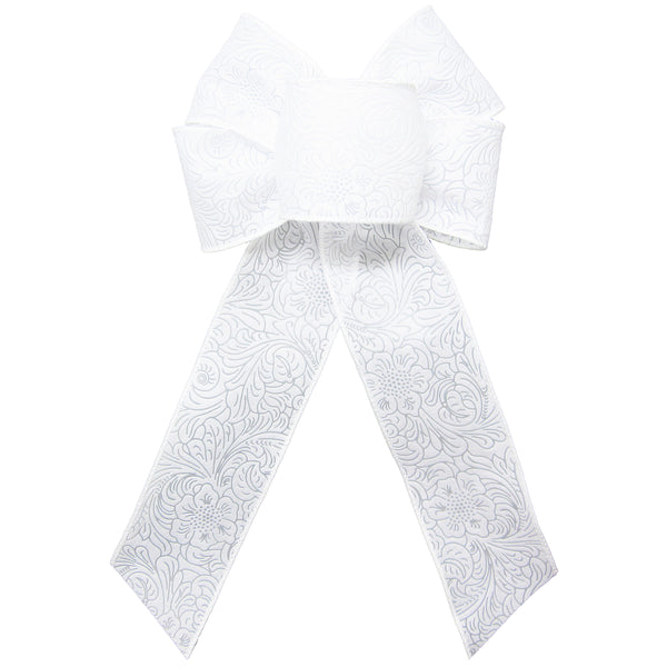 Wired Outdoor White Flower Embossed Waterproof Bow (2.5"ribbon~6"Wx10"L)