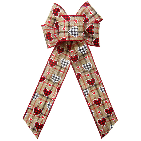 Wired Buffalo Hearts Valentine Natural Plaid Bow (2.5"ribbon~6"Wx10"L)