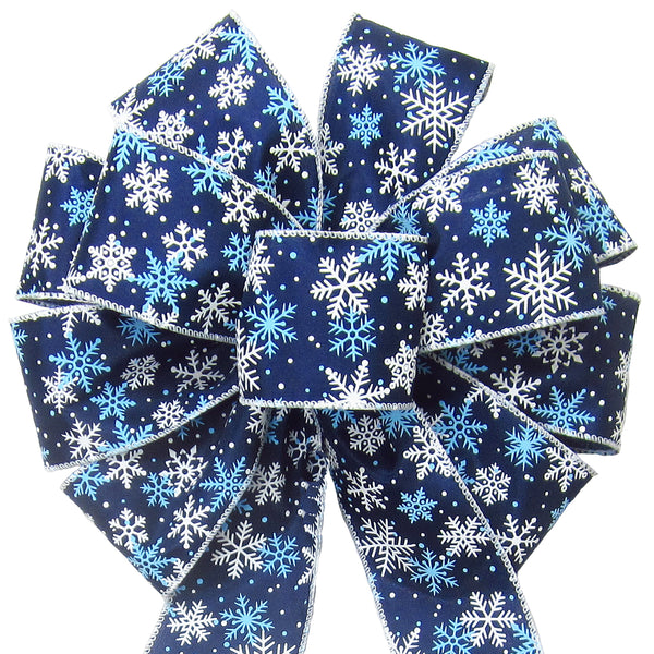 Christmas Wreath Bows - Wired Midnight Blue Snowflakes Bow (2.5"ribbon~10"Wx20"L)