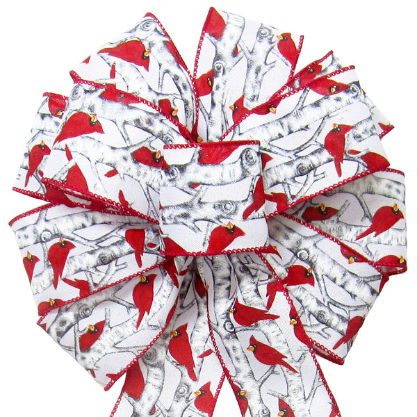 Cardinal Bows - Wired Red Birds on White Birch Trees Bow (2.5"ribbon~10"Wx20"L)