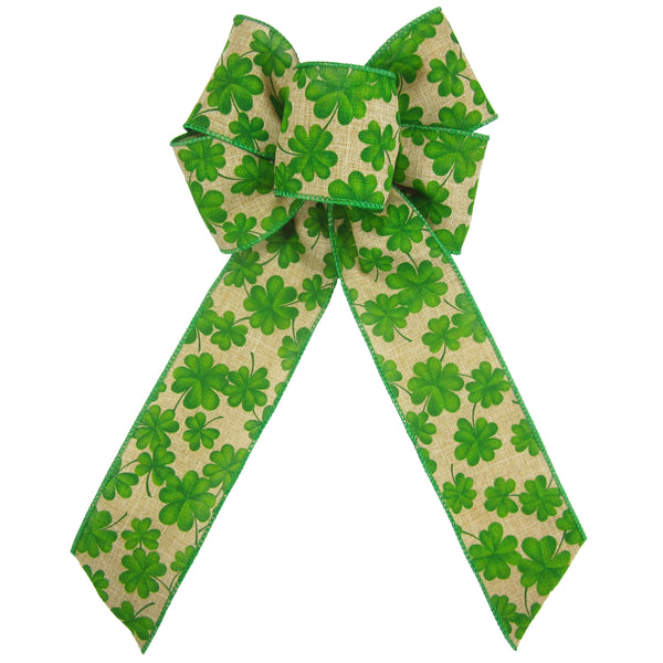 Wired Green Clover on Natural Linen Bows (2.5"ribbon~6"Wx10"L)