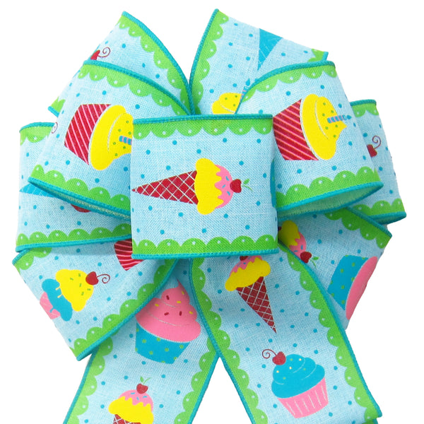 Wired Birthday Bows - Wired Birthday Cupcakes & Ice Cream Cones Bows (2.5"ribbon~8"Wx16"L)