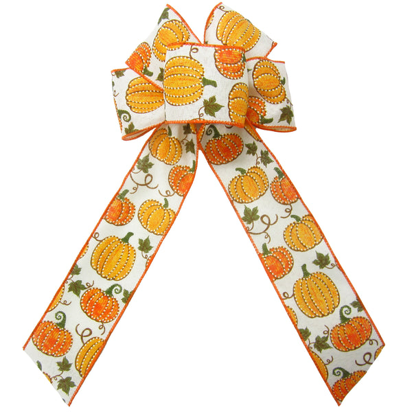 Fall Bows - Wired Dotted Fall Pumpkins on Ivory Bows (2.5"ribbon~6"Wx10"L)