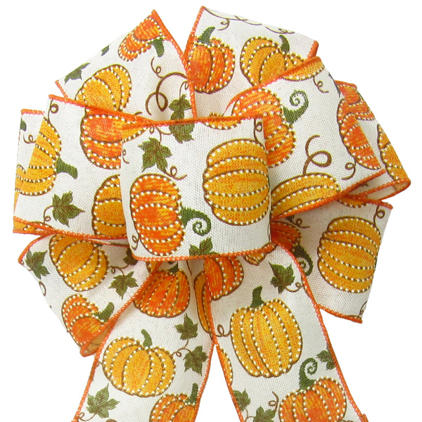 Fall Bows - Wired Dotted Fall Pumpkins on Ivory Bows (2.5"ribbon~8"Wx16"L)