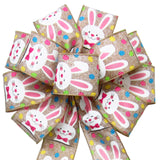 Easter Bows - Wired Easter Bunnies & Eggs Natural Bow (2.5"ribbon~10"Wx20"L)