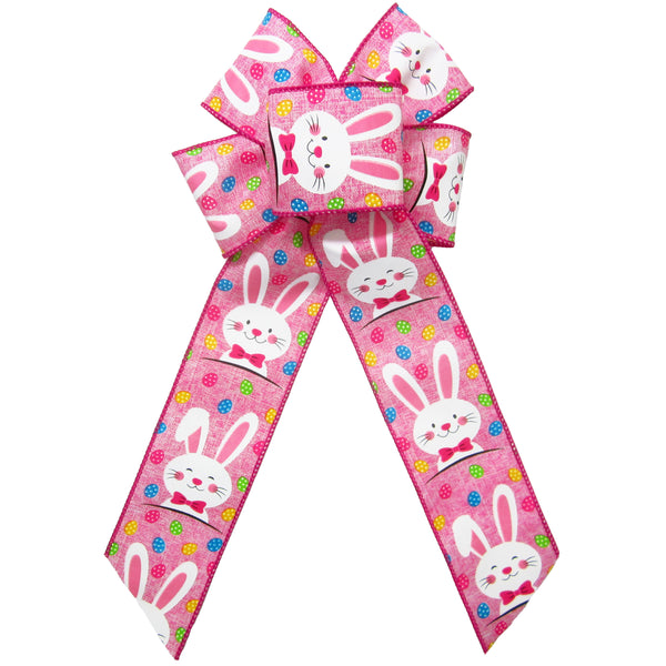 Easter Bunny Bows - Wired Easter Bunnies & Eggs Pink Bow (2.5"ribbon~6"Wx10"L)