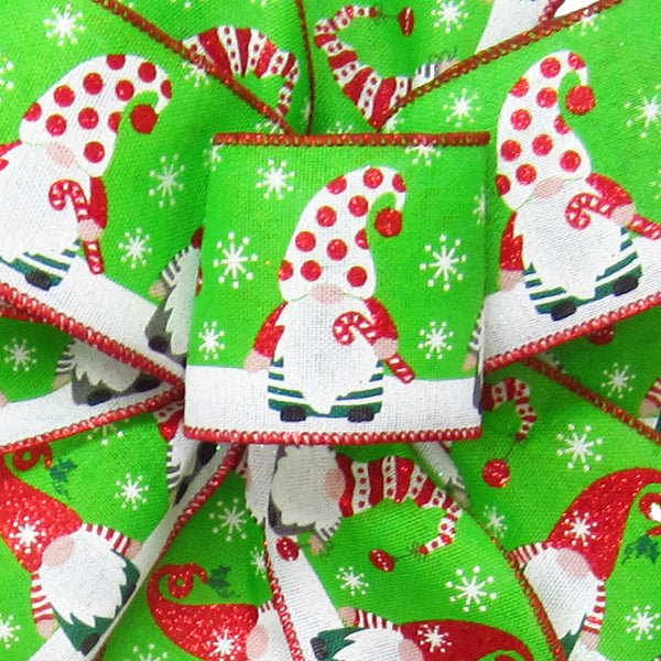 Wired Christmas Ribbon - Wired Festive Gnomes on Green Linen Christmas Ribbon (#40-2.5"Wx10Yards)