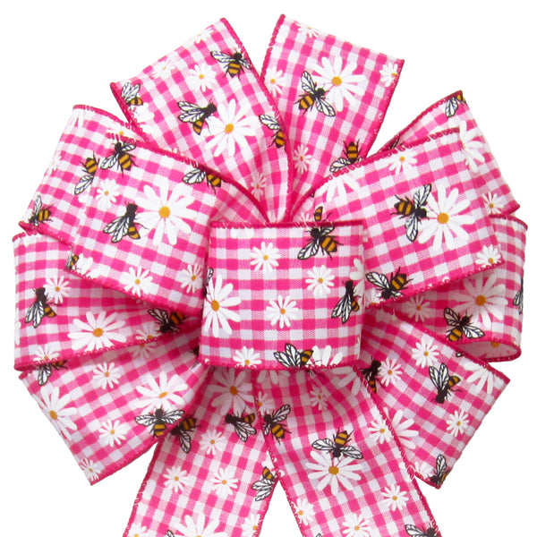 Spring Bows - Wired Gingham Bees & Daisies Pink Bow (2.5"ribbon~10"Wx20"L)