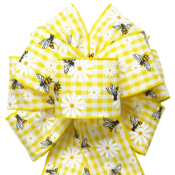 Spring Bows - Wired Gingham Bees & Daisies Yellow Bow (2.5"ribbon~8"Wx16"L)