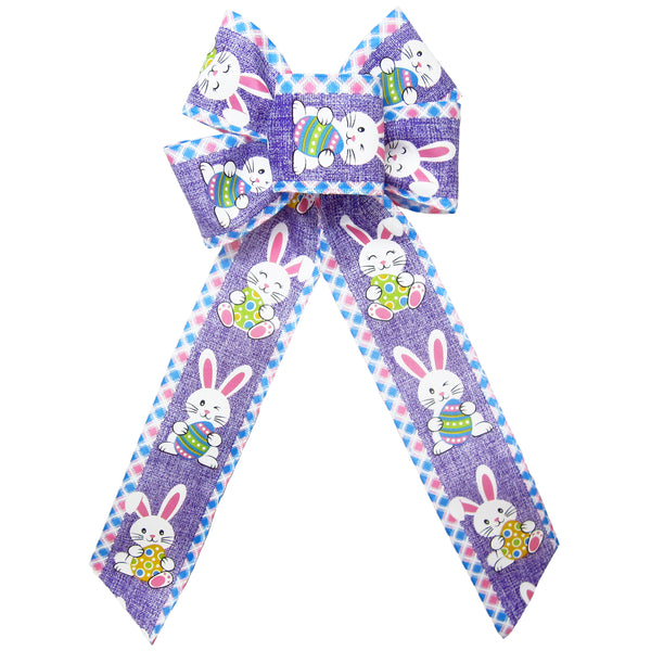 Easter Bows - Wired Happy Bunnies & Easter Eggs Lavender Bow (2.5"ribbon~6"Wx10"L)