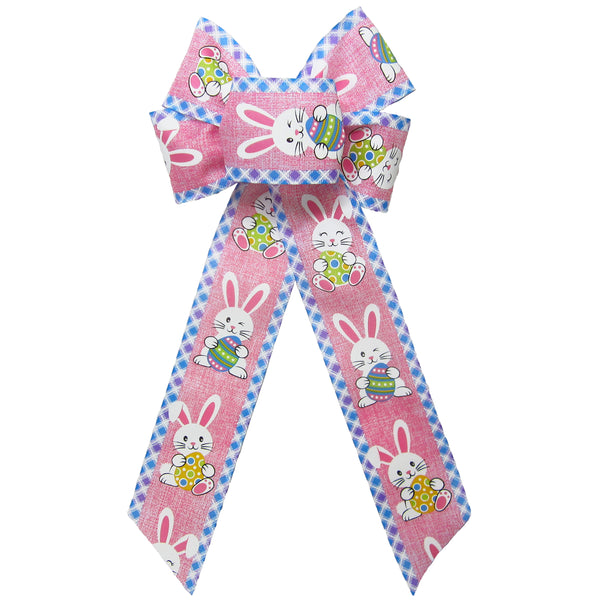 Easter Bows - Wired Happy Bunnies & Easter Eggs Pink Bow (2.5"ribbon~6"Wx10"L)