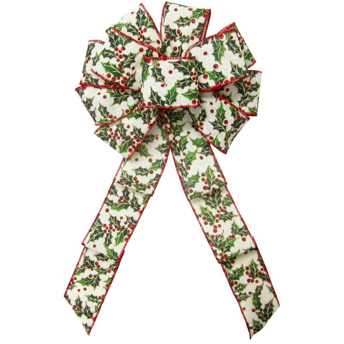Christmas Wreath Bows Wired Holly Berries on Ivory Canvas Bow 10 Inch
