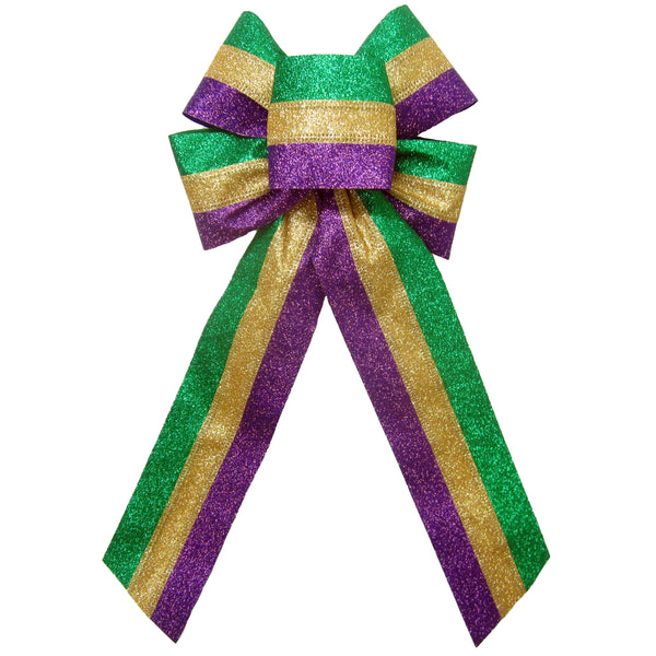 Mardi Gras Bows - Wired Mardi Gras Glitter Stripes Bow (2.5"ribbon~6"Wx10"L)