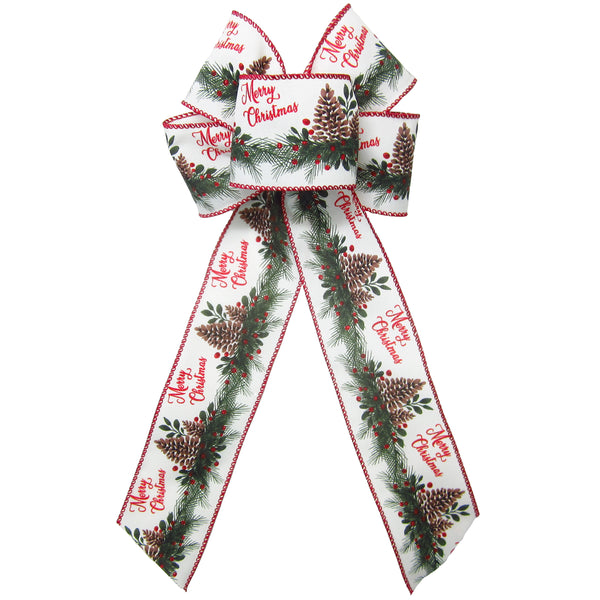 Christmas Bows - Wired Merry Christmas Pinecone Mantle Swag Bow (2.5"ribbon~6"Wx10"L)