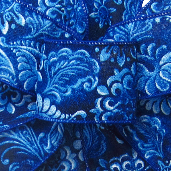Wired Spring Ribbon - Wired Navy Blue Paisley Linen Ribbon (#40-2.5"Wx10Yards)