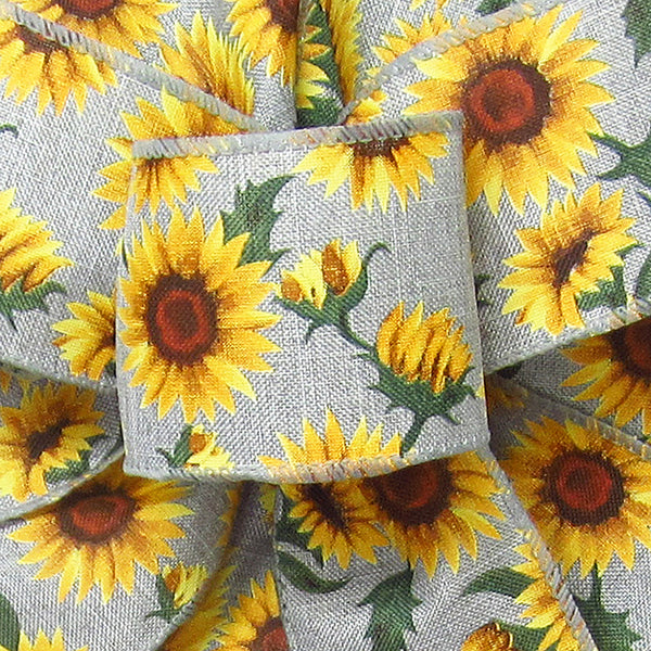 Wired Fall Ribbon - Wired Painted Sunflowers on Grey Ribbon (#40-2.5"Wx10Yards)