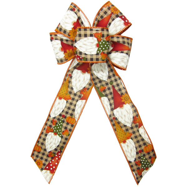 Wreath Bows - Wired Fall Gnomes & Pumpkins on Gingham Check Bow (2.5"ribbon~6"Wx10"L)