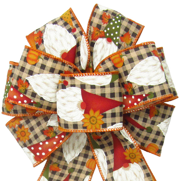 Fall Bows - Wired Fall Gnomes & Pumpkins on Gingham Check Bow (2.5"ribbon~8"Wx16"L)