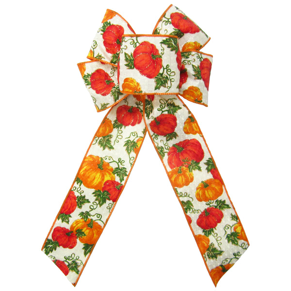 Fall Bows - Wired Harvest Pumpkins on Ivory Check Bows (2.5"ribbon~6"Wx10"L)