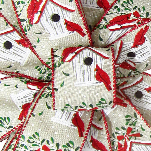 Wired Christmas Ribbon - Wired Cardinals Birdhouse Natural Ribbon (#40-2.5"Wx10Yards)