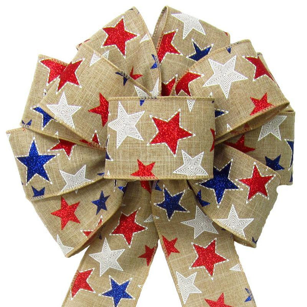 Wired Patriotic Stars Natural Bow (2.5"ribbon~10"Wx20"L) - Alpine Holiday Bows
