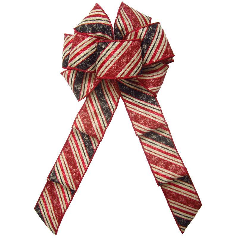 Hand tied Bows - Wired Rustic Red & Black Christmas Stripes Bow 8 Inch