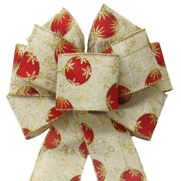 Wired Red & Gold Christmas Ornaments Linen Bow (2.5"ribbon~8"Wx16"L) - Alpine Holiday Bows
