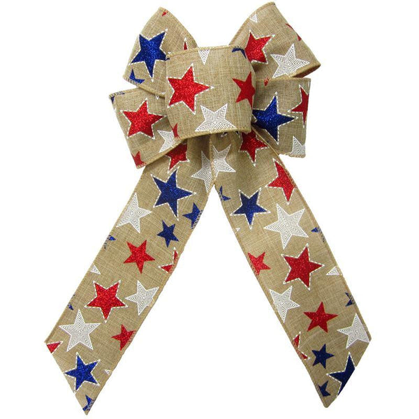 Wired Patriotic Stars Natural Bow (2.5"ribbon~6"Wx10"L) - Alpine Holiday Bows