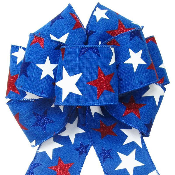 Wired Patriotic Stars Blue Bow (2.5"ribbon~8"Wx16"L) - Alpine Holiday Bows