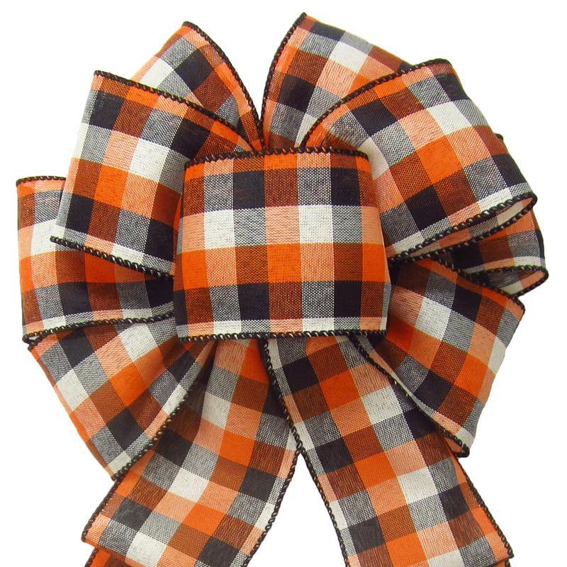 Hand tied Bows - Wired Buffalo Plaid Ivory Orange Black Linen Bow 8