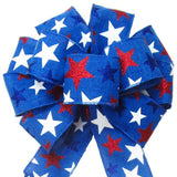 Wired Patriotic Stars Blue Bow (2.5"ribbon~10"Wx20"L) - Alpine Holiday Bows