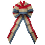 Wired Patriotic Linen Tri Stripe Natural Bow (2.5"ribbon~8"Wx16"L) - Alpine Holiday Bows