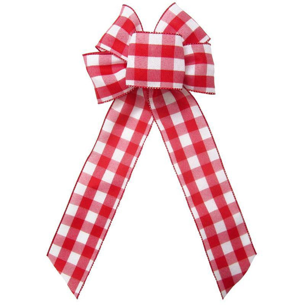 Wired Buffalo Plaid Red & White Linen Bows (2.5"ribbon~6"Wx10"L) - Alpine Holiday Bows