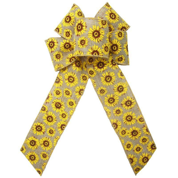 Wired Natural Linen Sunflowers Bows (2.5"ribbon~6"Wx10"L) - Alpine Holiday Bows