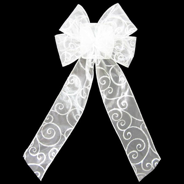 Wired White & Silver Sparkle Swirl Bow (2.5"ribbon~6"Wx10"L) - Alpine Holiday Bows
