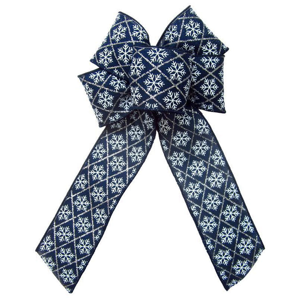 Wired Navy Blue Snowflakes Bow (2.5"ribbon~6"Wx10"L) - Alpine Holiday Bows
