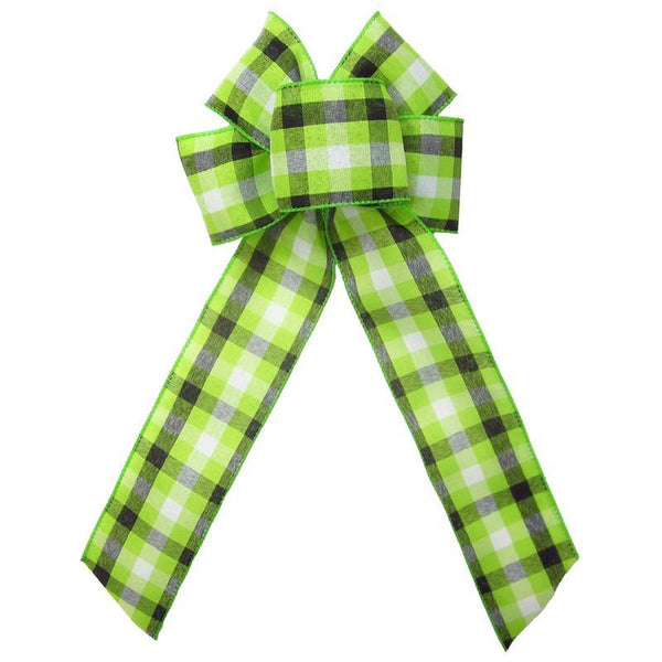 Wired Springtime Plaid Lime Green Linen Bow (2.5"ribbon~6"Wx10"L) - Alpine Holiday Bows
