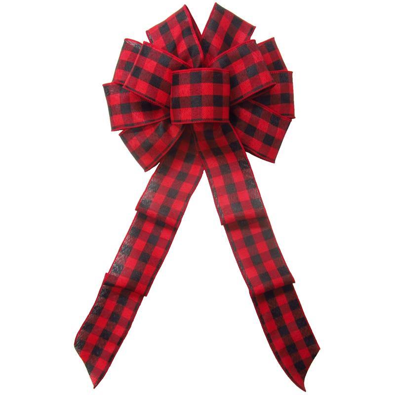 Hand tied Bows - Wired Buffalo Plaid Red & Black Linen Bow 10 Inch