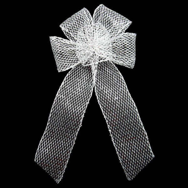 Wired Outdoor Mesh Silver Bow (2.5"ribbon~6"Wx10"L) - Alpine Holiday Bows