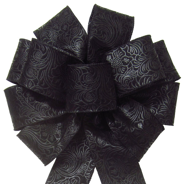 Wired Outdoor Black Flower Embossed Waterproof Bow (2.5"ribbon~10"Wx20"L)