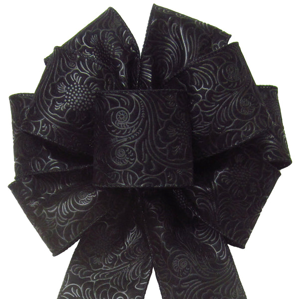 Wired Outdoor Black Flower Embossed Waterproof Bow (2.5"ribbon~8"Wx16"L)
