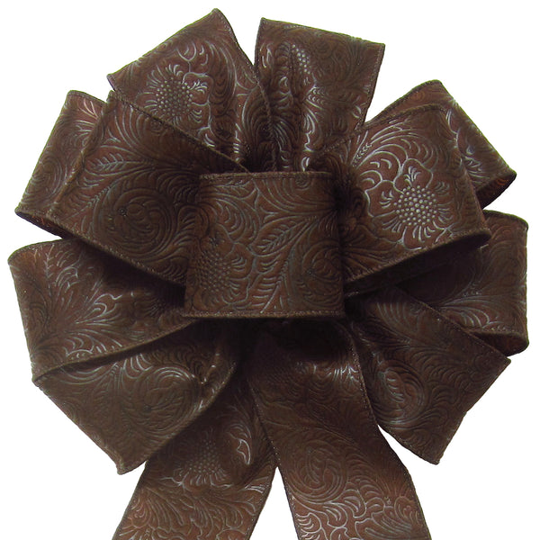 Wired Outdoor Brown Flower Embossed Waterproof Bow (2.5"ribbon~10"Wx20"L)