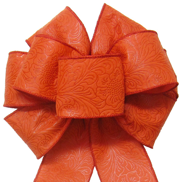 Wired Indoor Outdoor Burnt Orange Flower Embossed Waterproof Bow (2.5"ribbon~8"Wx16"L)