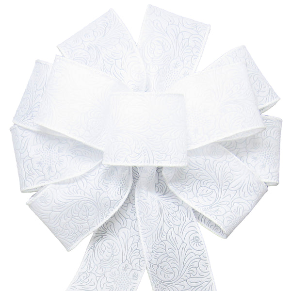 Wired Outdoor White Flower Embossed Waterproof Bow (2.5"ribbon~10"Wx20"L)