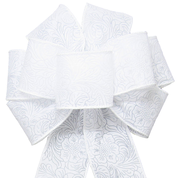 Wired Outdoor White Flower Embossed Waterproof Bow (2.5"ribbon~8"Wx16"L)