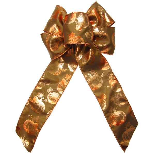 Harvest Bows - Wired Bronzed Copper Pumpkins Fall Bows (2.5"ribbon~6"Wx10"L)
