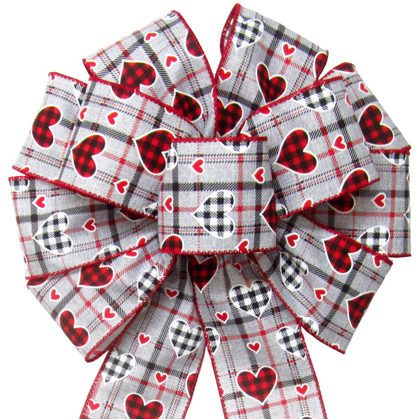 Wired Buffalo Hearts Valentine Gray Plaid Bow (2.5"ribbon~10"Wx20"L)